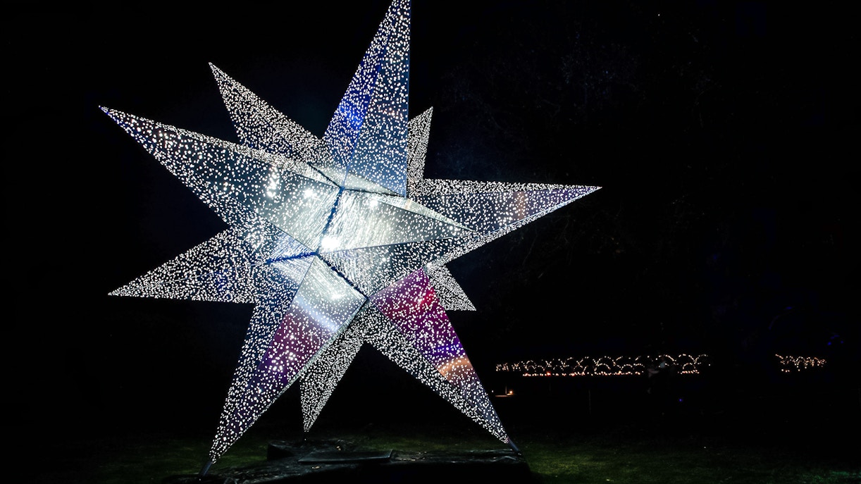 Illuminated star sculpture at Blenheim Palace during Christmas.