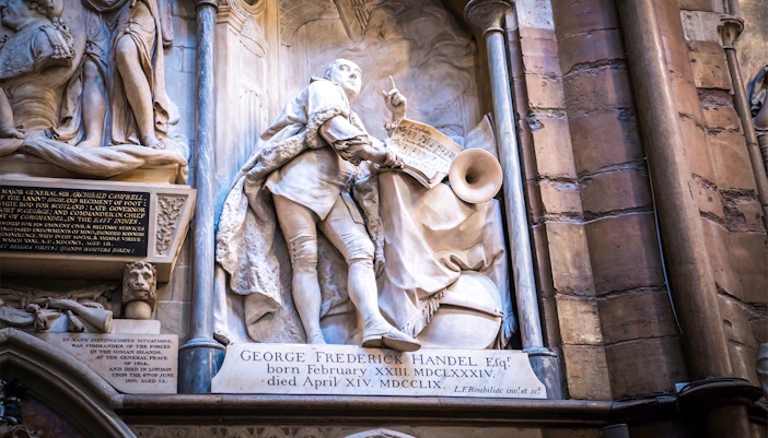 Monument of George Frideric Handel inside Westminster Abbey, London.