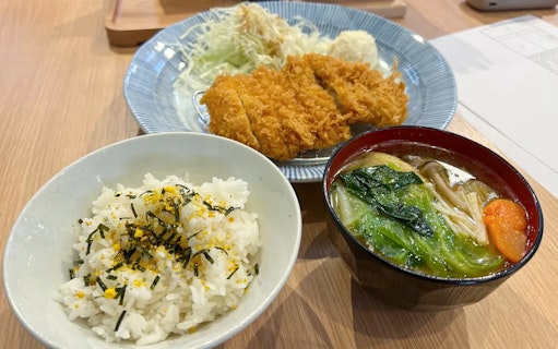 Chanko Nabe lunch with rice and fried cutlet in Tokyo.