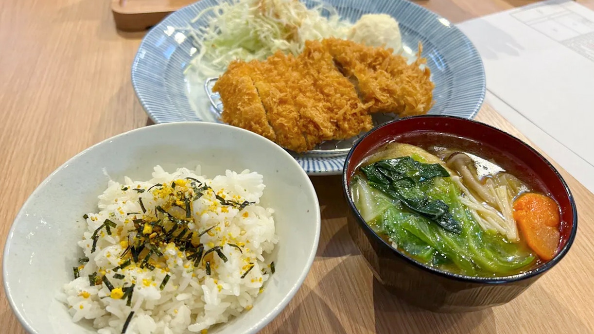Chanko Nabe lunch with rice and fried cutlet in Tokyo.