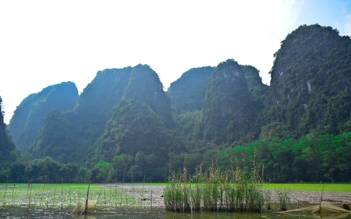 Trang An Landscape Complex with limestone karsts and lush greenery in Vietnam.