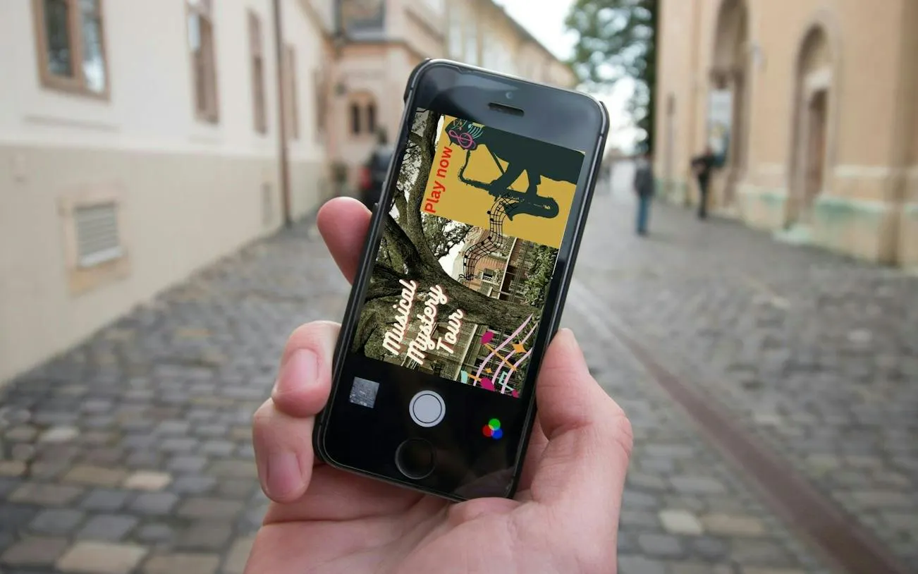 Self-guided city exploration game app on phone screen, New Orleans street.