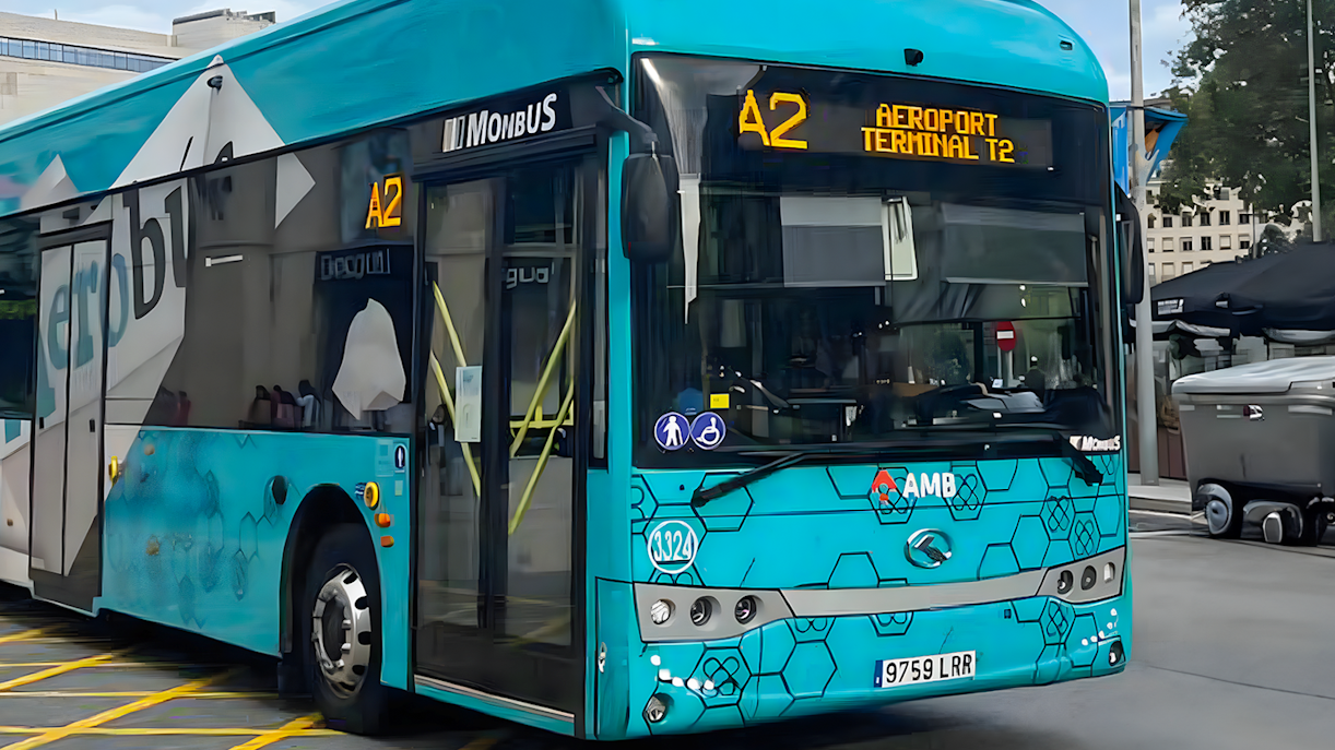 Aerobus at Barcelona Airport terminal for one-way transfer to city center.