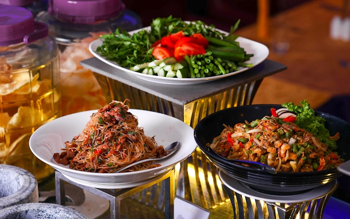Noodle and vegetable dishes at ARAS Revolving Restaurant buffet, KL Tower.