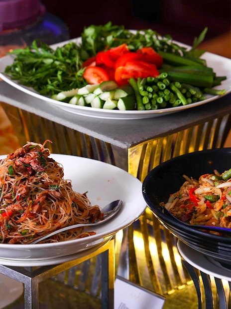 Noodle and vegetable dishes at ARAS Revolving Restaurant buffet, KL Tower.