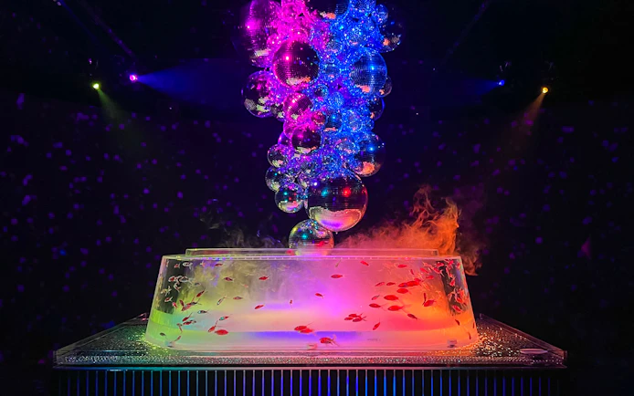 Skull-shaped installation with colorful lights and fish at Art Aquarium Ginza.