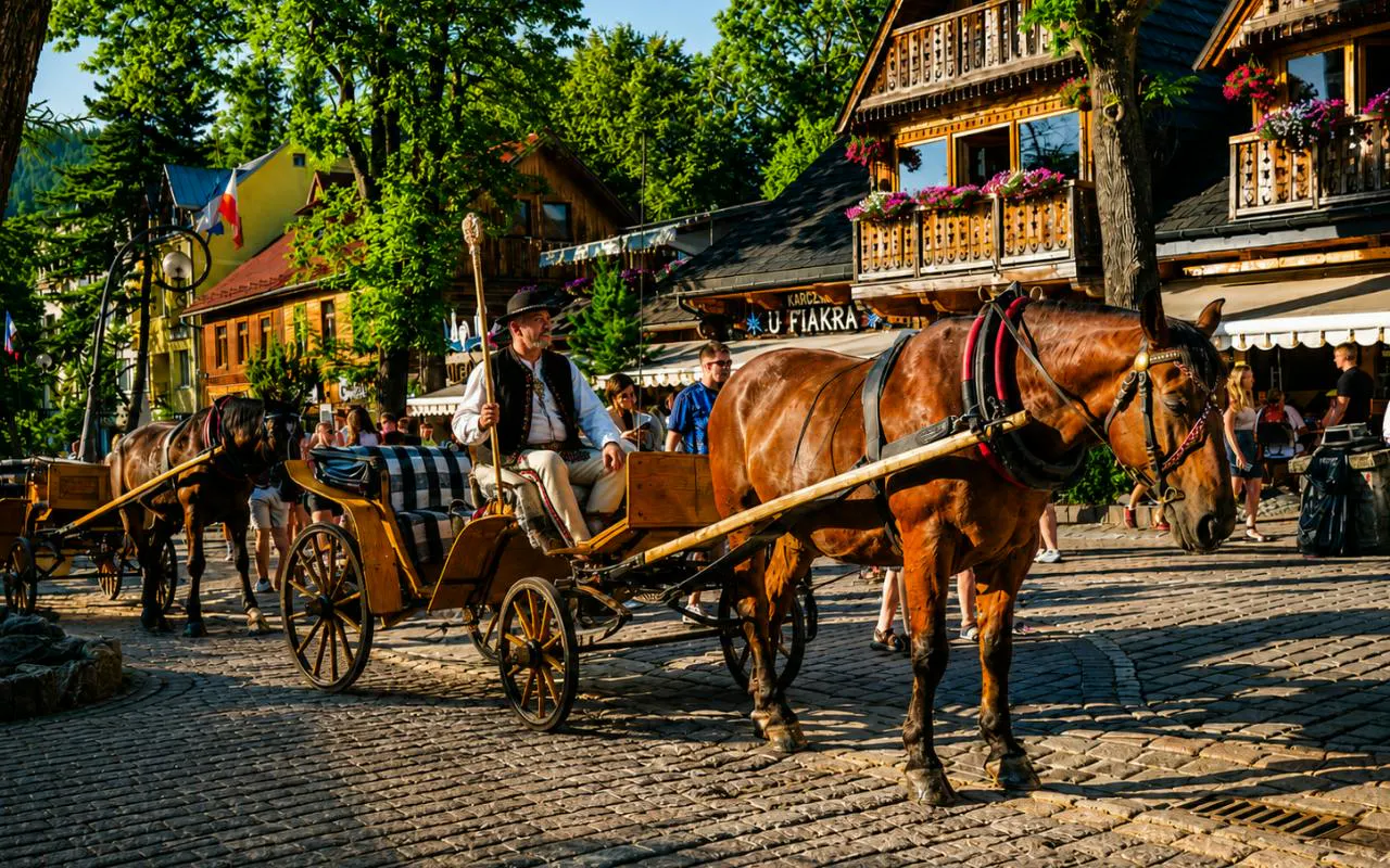 Horse-drawn carriage on cobblestone street in Zakopane, Poland, with traditional wooden buildings.