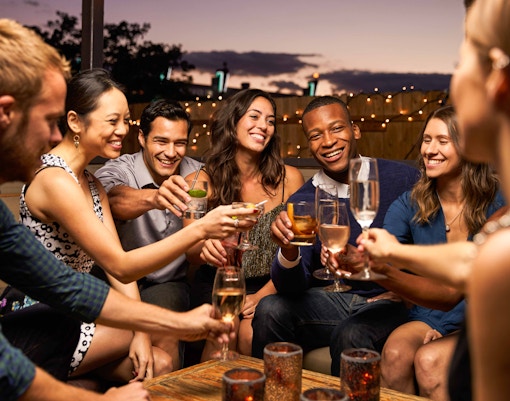 skyline view from a rooftop bar