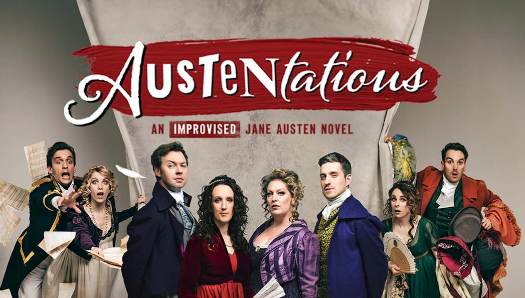 Cast of Austentatious in period costumes for an improvised Jane Austen novel show.