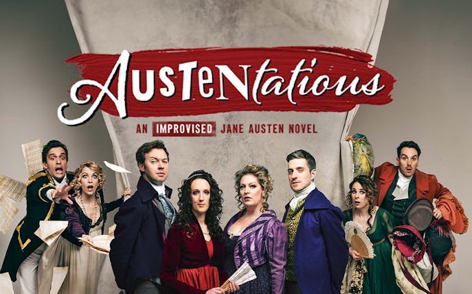 Cast of Austentatious in period costumes for an improvised Jane Austen novel show.