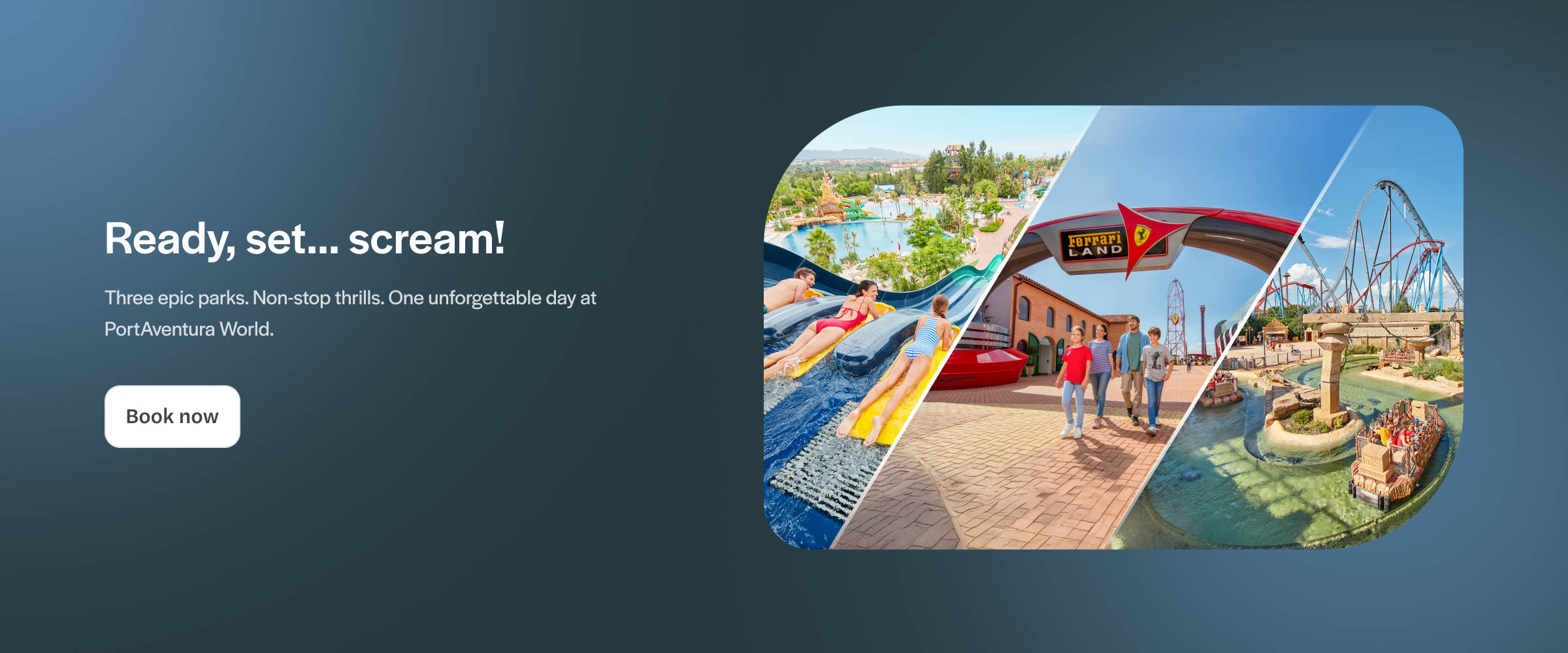 PortAventura World theme park entrance with promotional banner in Salou, Spain.