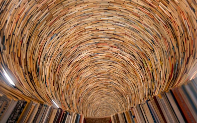 Tunnel of stacked books at Franz Kafka Museum, Prague.