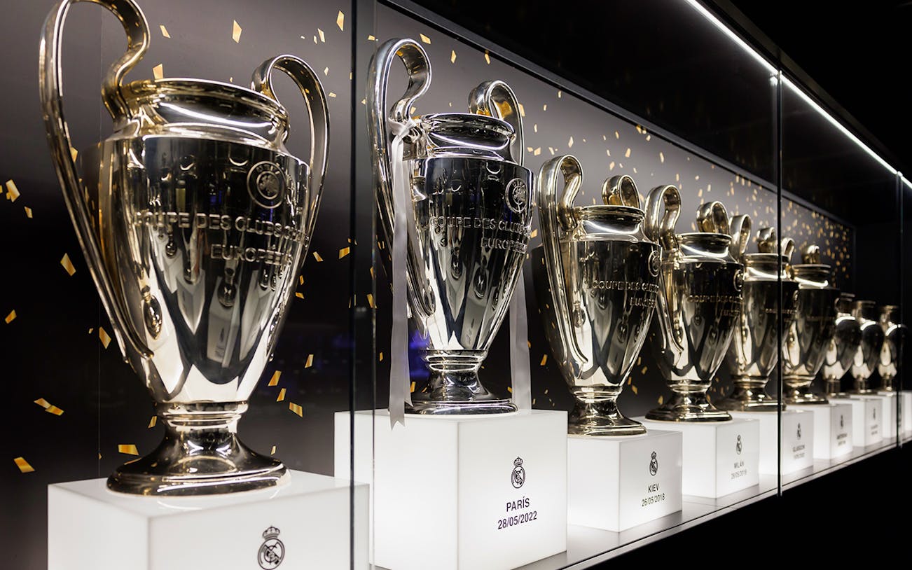 Trophies on display at Santiago Bernabéu Stadium, Madrid.