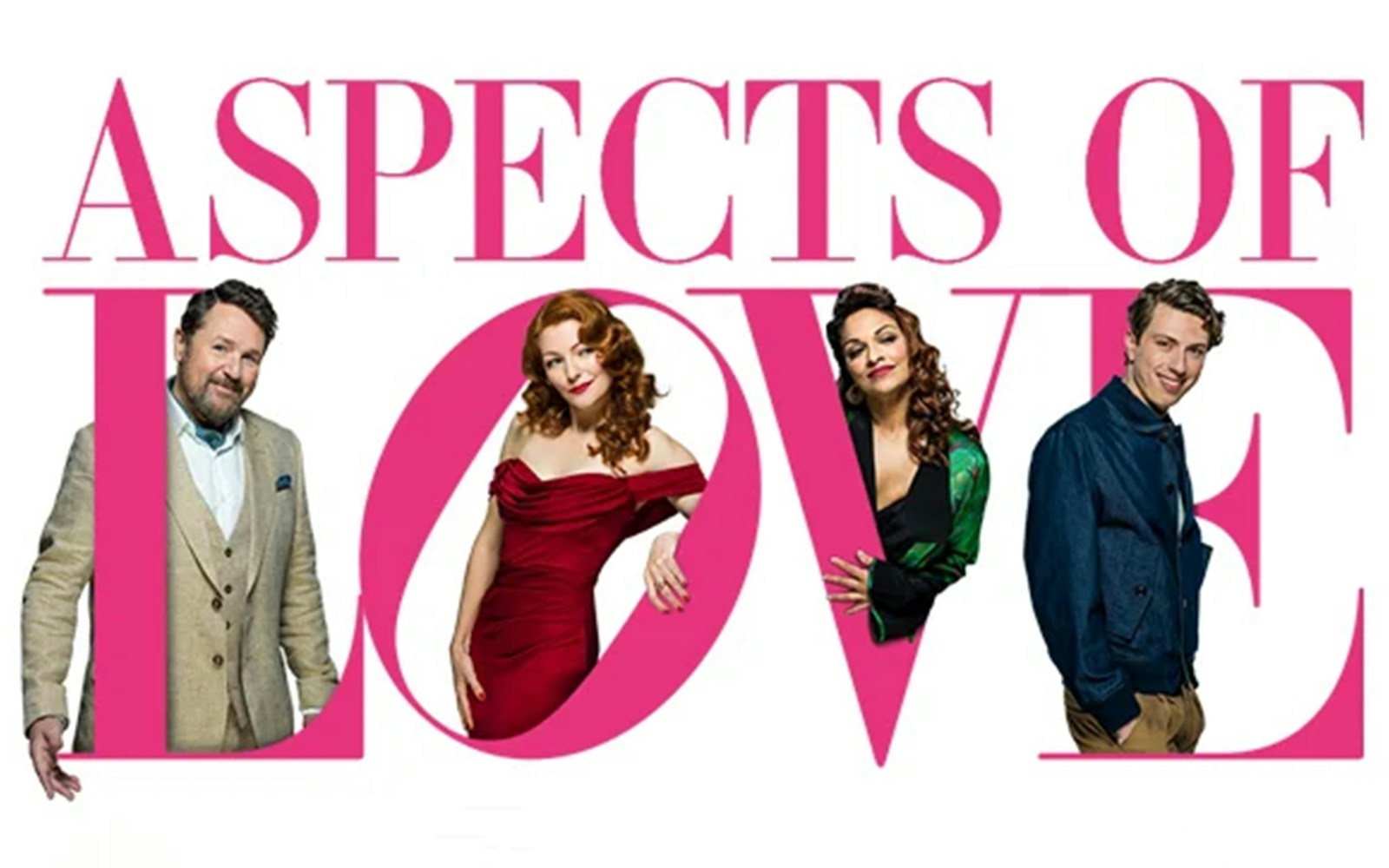 Promotional image for the musical "Aspects of Love" featuring four cast members.