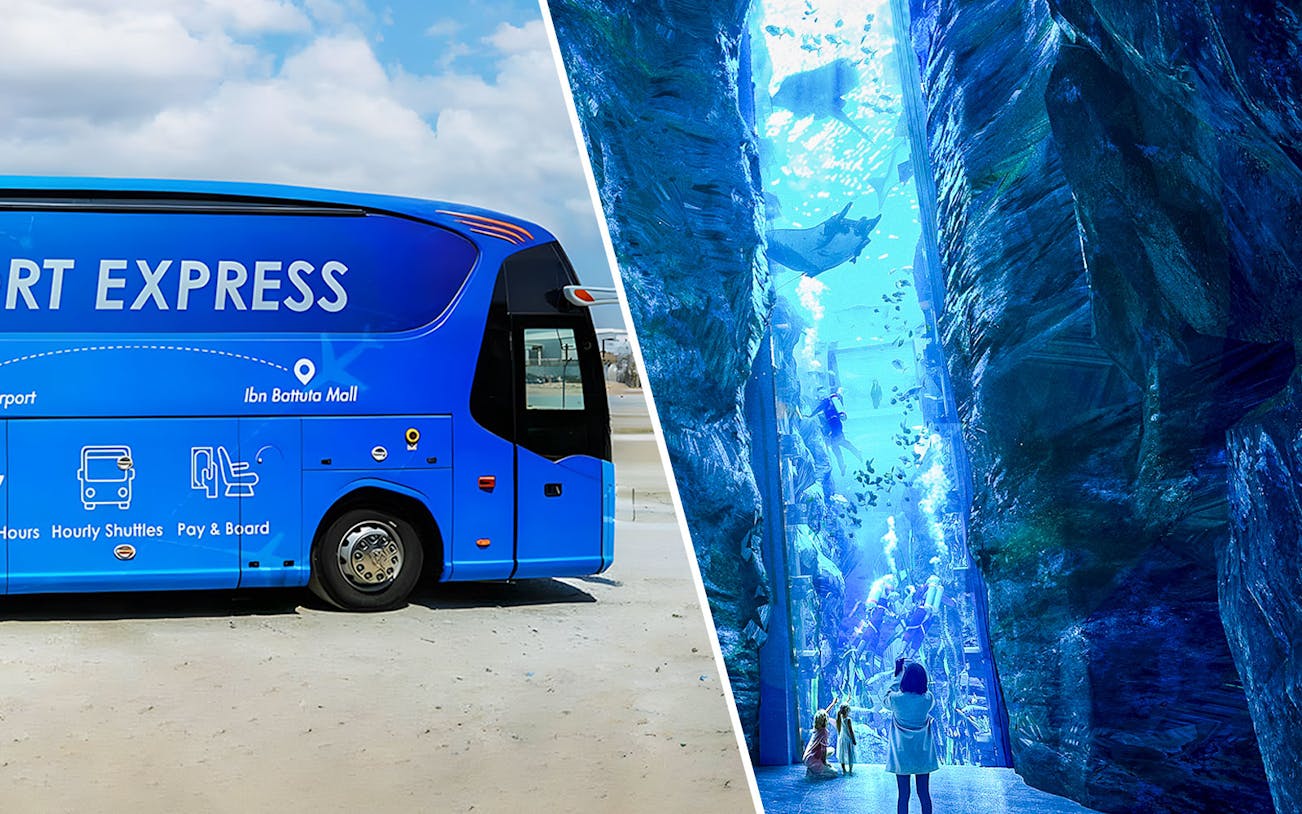 Abu Dhabi airport transfer bus and Dubai aquarium scene.