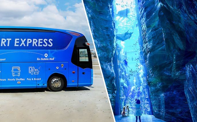 Abu Dhabi airport transfer bus and Dubai aquarium scene.