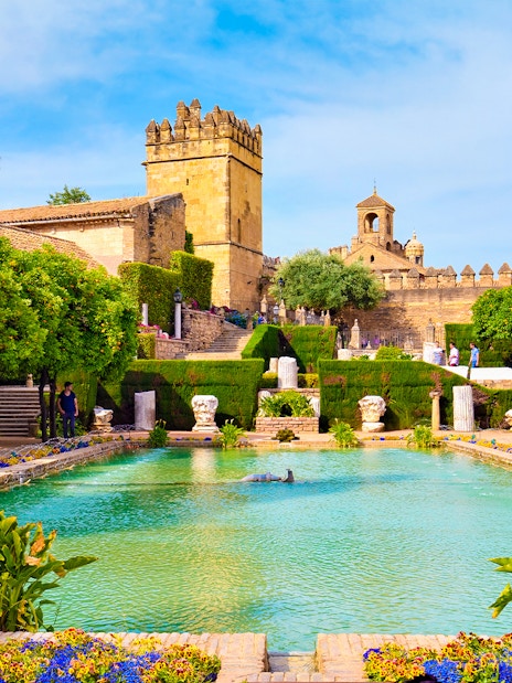 Gardens of the Alcázar of the Christian Kings in Cordoba with pool and historic architecture.