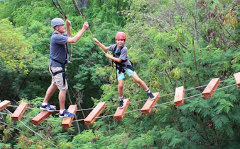 Participants navigating a suspended wooden bridge on an adventure course in a forest setting.