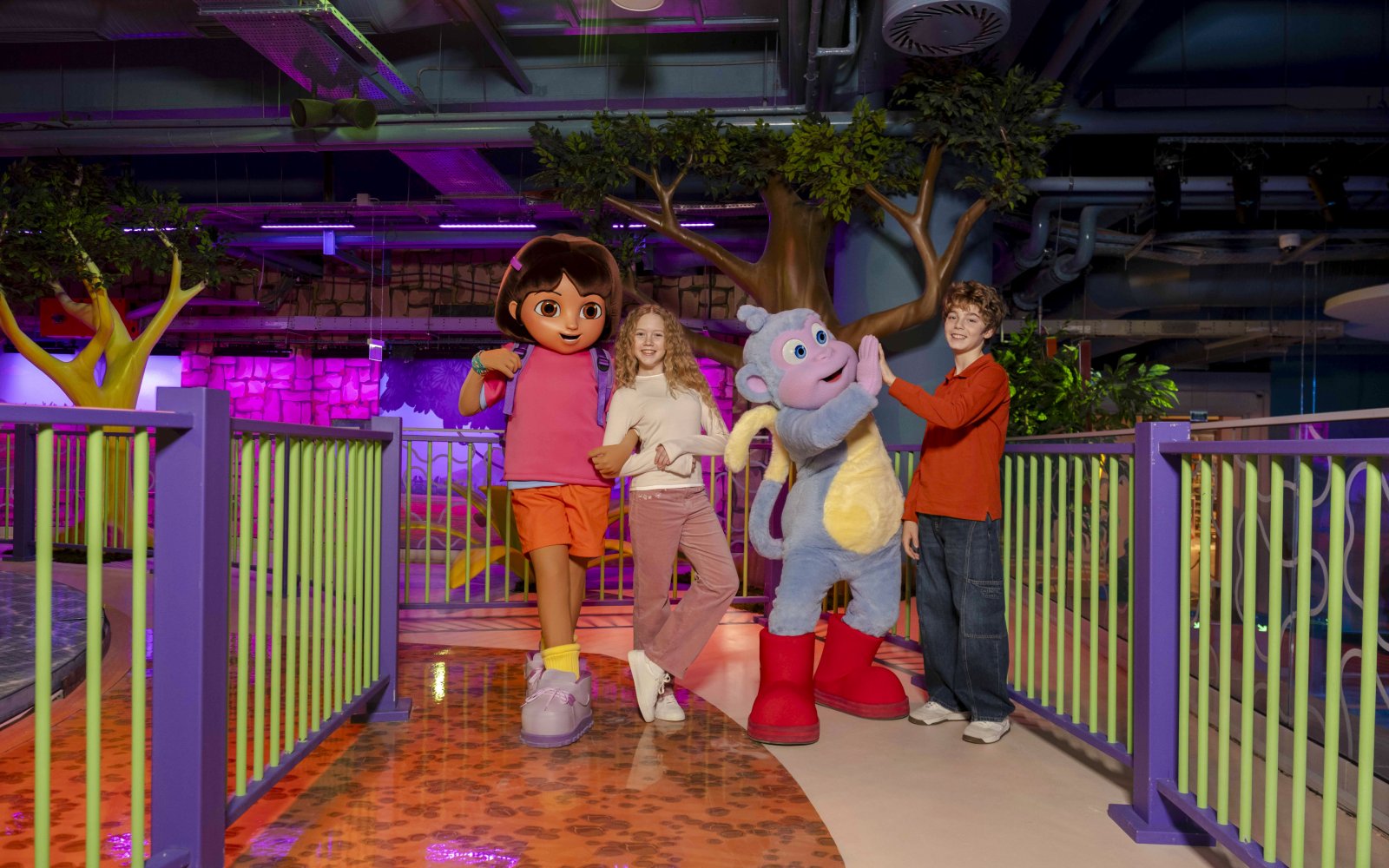 Dora and Boots meet and greet with children at Nickelodeon Play Tersane Istanbul rainforest area.