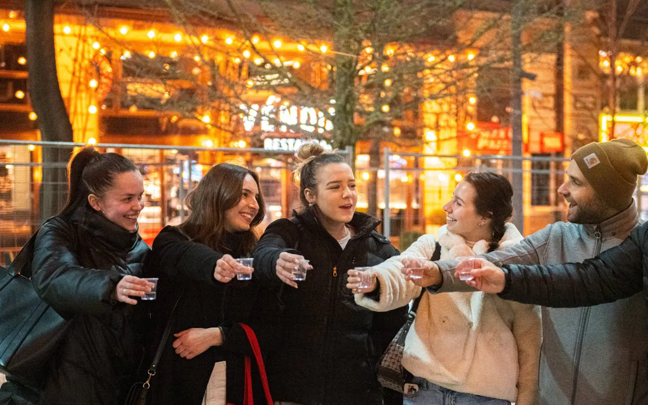 Group enjoying wine tasting on Budapest Tipsy Food Tour.