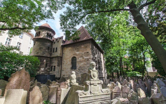 Old Jewish Cemetery with historic tombstones in Prague Jewish Quarter.