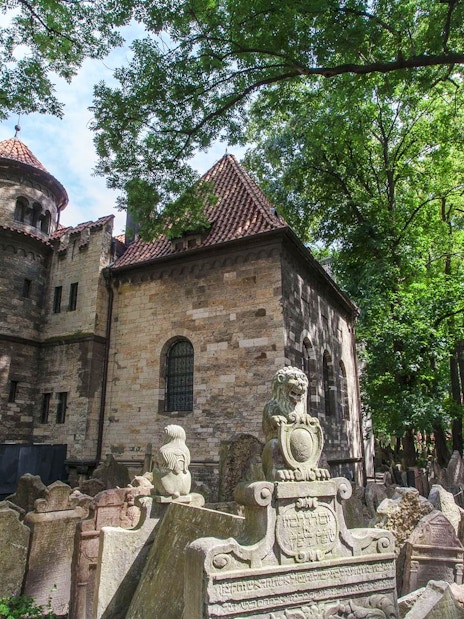 Old Jewish Cemetery with historic tombstones in Prague Jewish Quarter.
