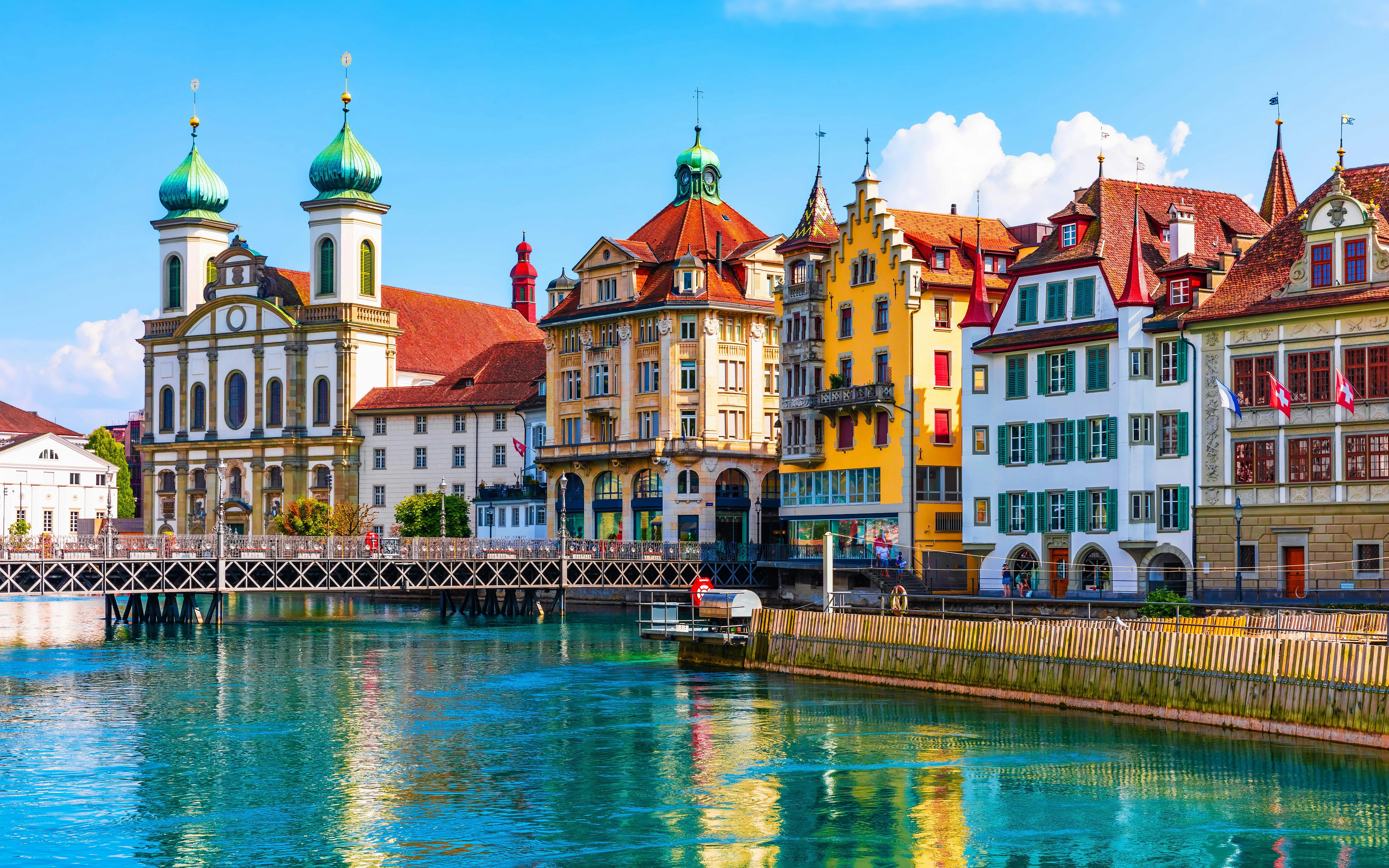 Old Town architecture along the Reuss River in Lucerne, Switzerland.