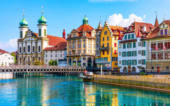 Old Town architecture along the Reuss River in Lucerne, Switzerland.