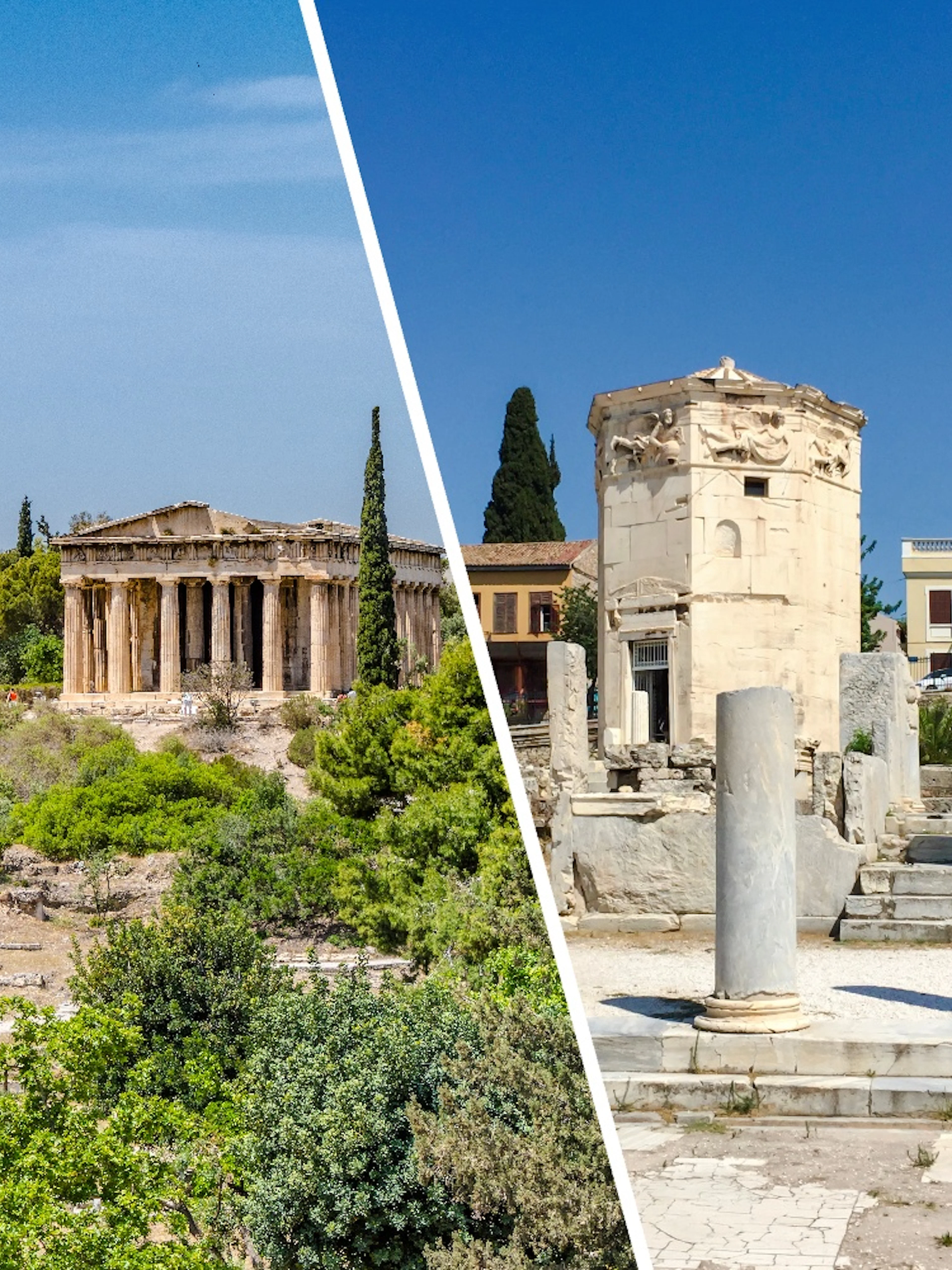 Temple of Hephaestus and ancient ruins in the Ancient Agora of Athens.