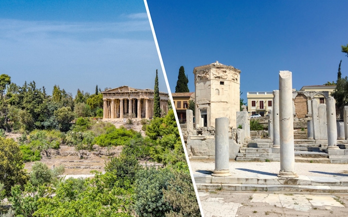 Temple of Hephaestus and ancient ruins in the Ancient Agora of Athens.