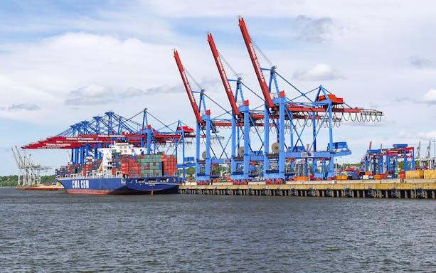 Container ship docked at Port of Hamburg with cranes, part of a unique harbor tour.