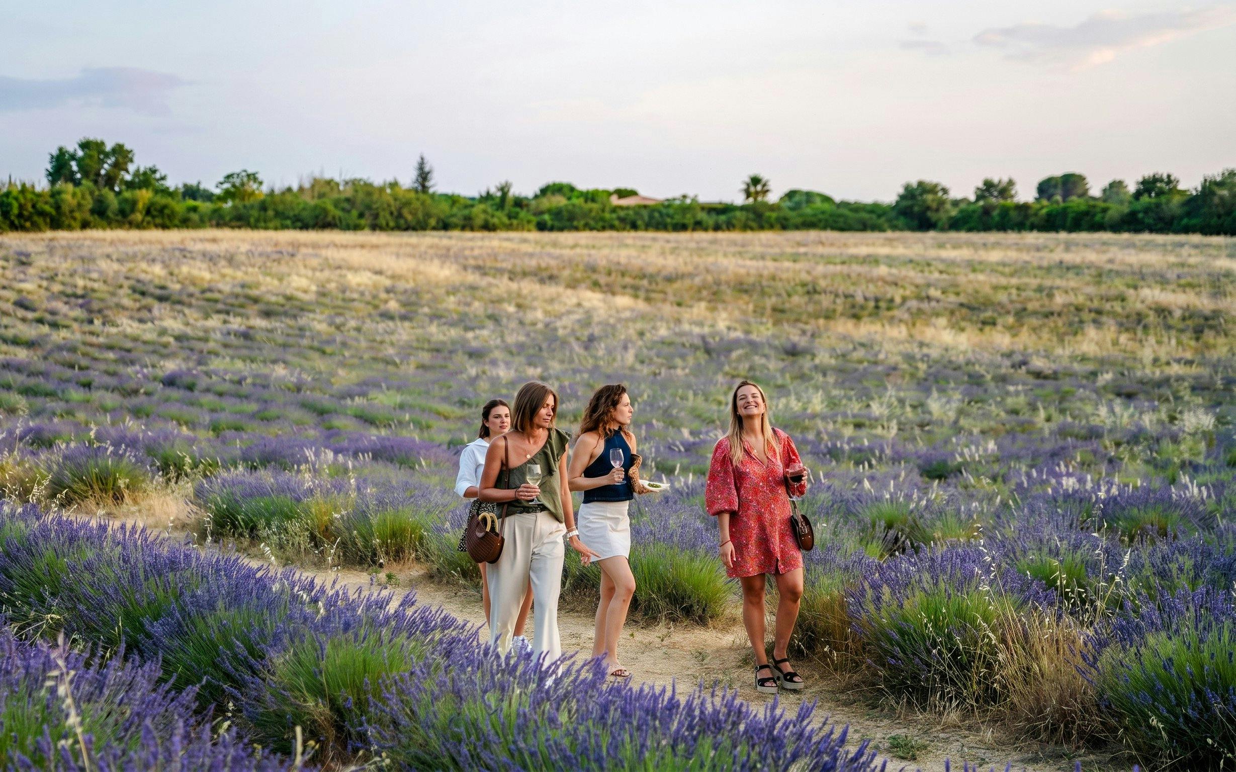 Visitors walking through lavender fields at Terre Ugo, Provence.