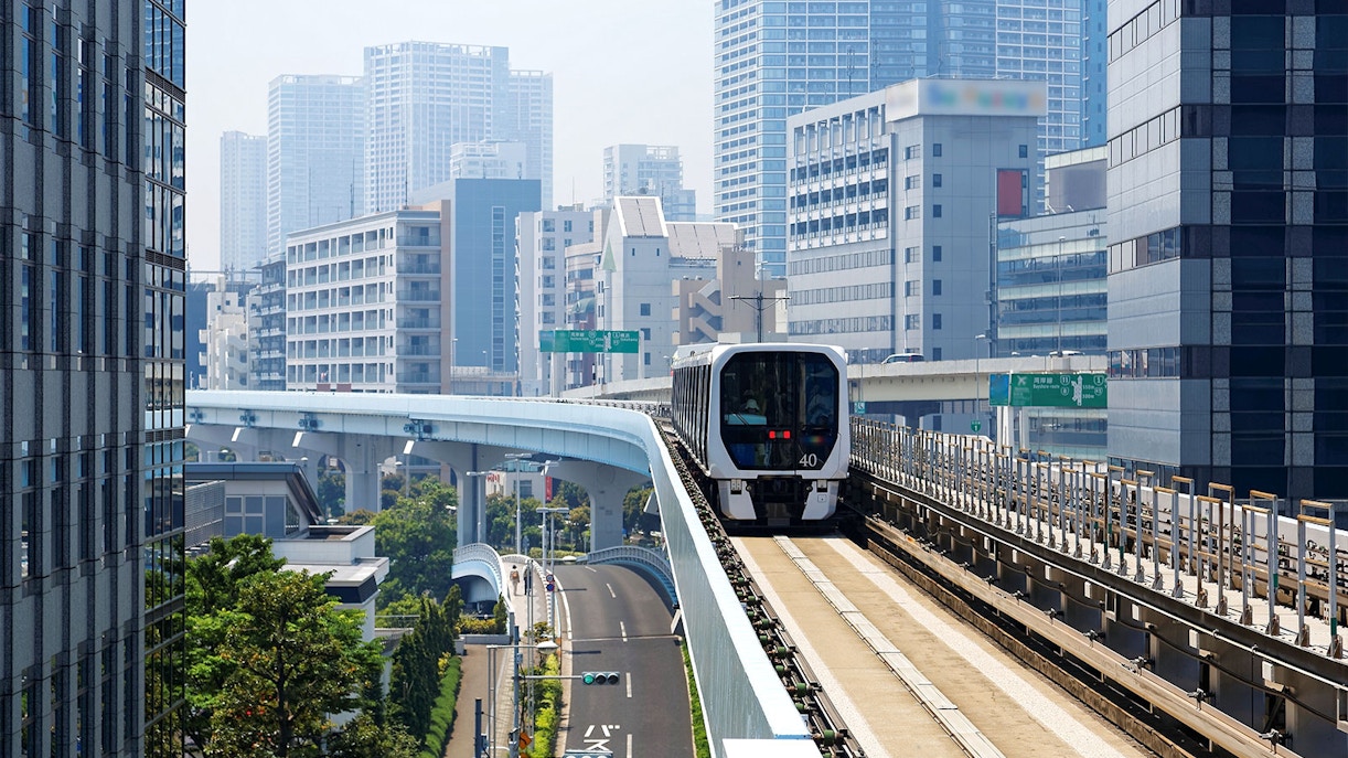 Tokyo subway train on elevated tracks with city skyline in the background.