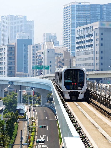 Tokyo subway train on elevated tracks with city skyline in the background.