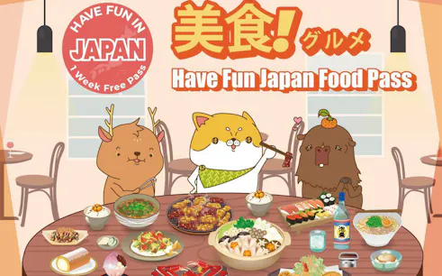 Cartoon animals enjoying Japanese cuisine with sushi, ramen, and desserts, promoting the Have Fun Japan Food Pass.