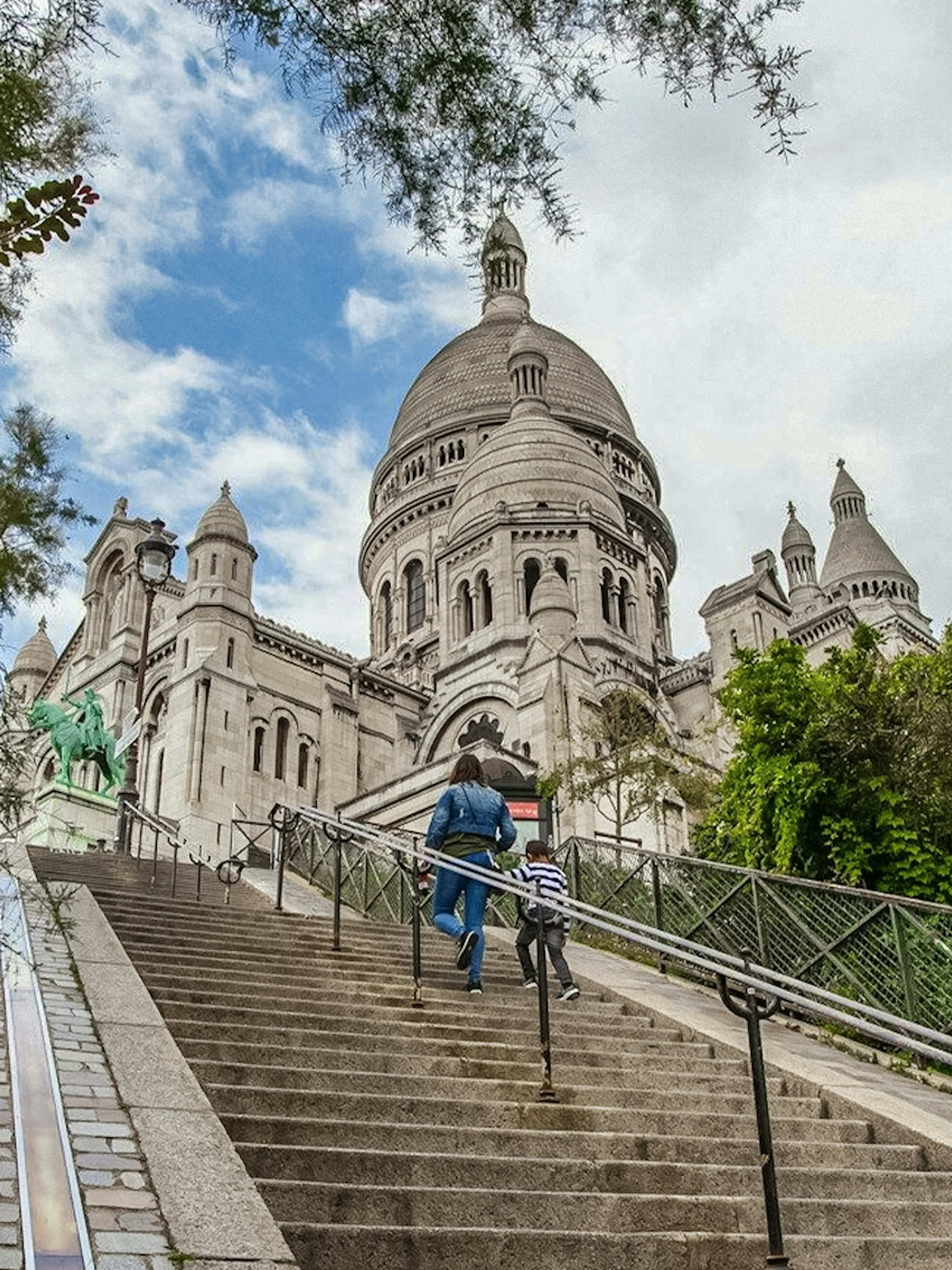 Visitors ascending steps to Sacré-Coeur Basilica in Montmartre, Paris.