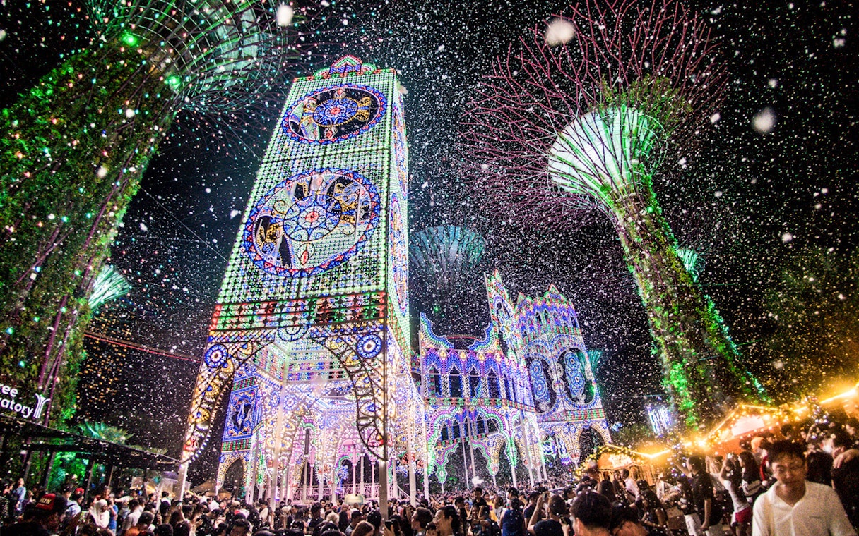 Singapore Christmas Wonderland at GBB with light displays, SuperTree Observatory, and OCBC Skyway.