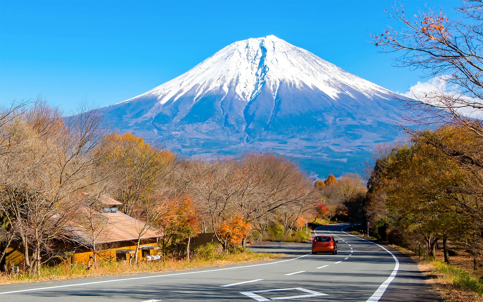 Road leading to Mount Fuji from Fujinomiya 5th Station with autumn trees.