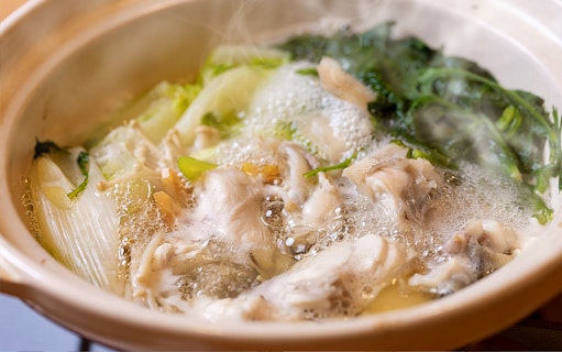 Puffer fish hot pot with vegetables at Torafugu-tei Ginza.