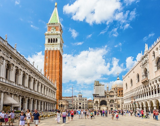 St. Mark's Basilica and Campanile in San Marco Piazza, Venice, Italy.