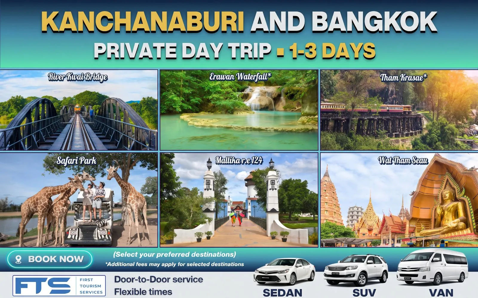 River Kwai Bridge, Erawan Waterfall, Tham Krasae, Safari Park, Mallika, Wat Tham Sua in Kanchanaburi.