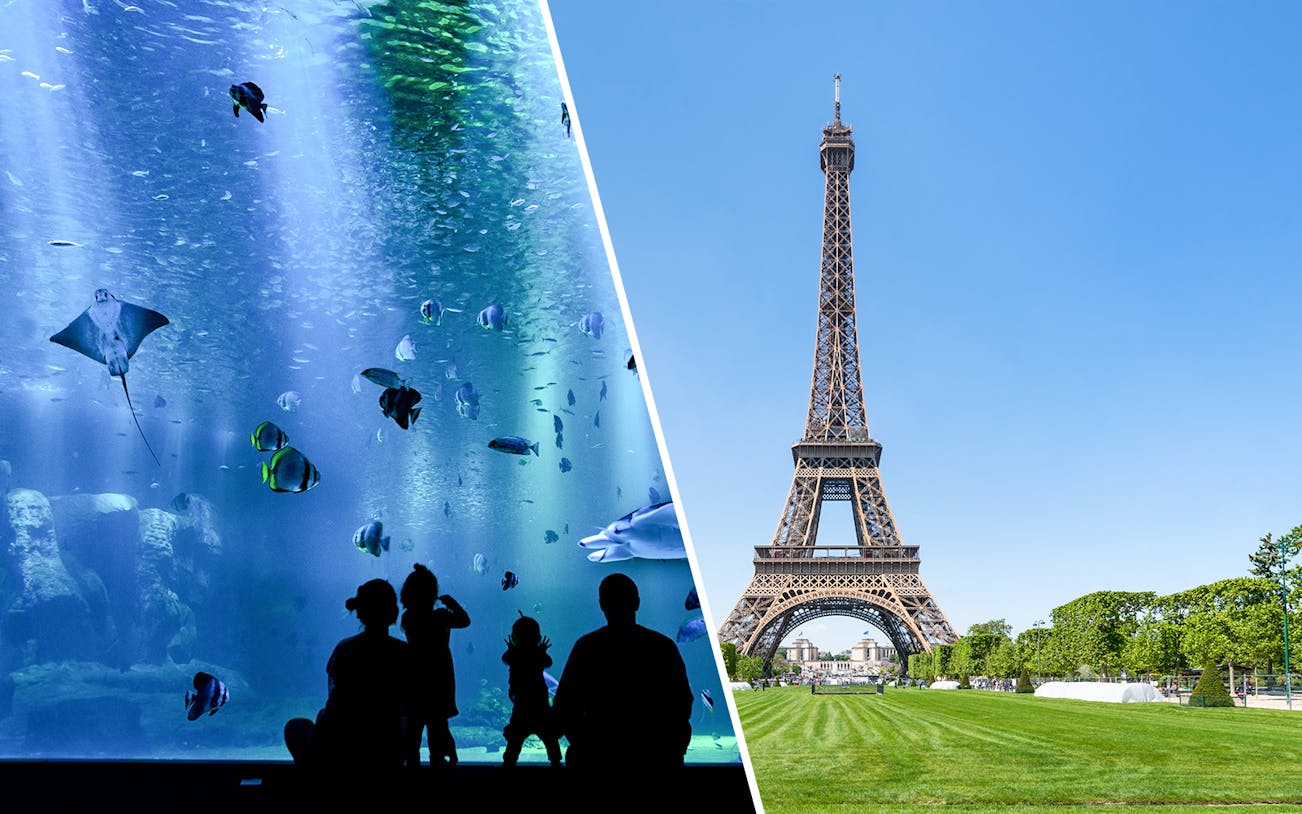 Eiffel Tower with nearby aquarium visit in Paris.