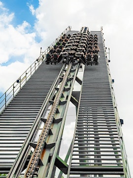 Roller coaster ascent at Thorpe Park Resort, London.