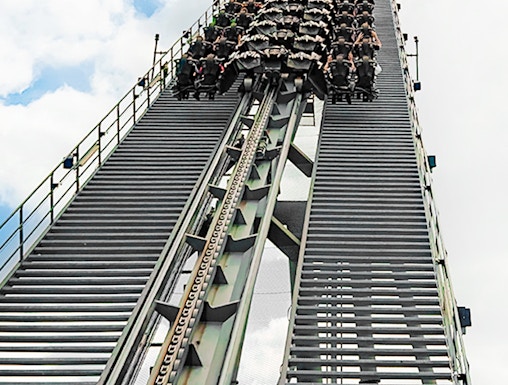 Roller coaster ascent at Thorpe Park Resort, London.