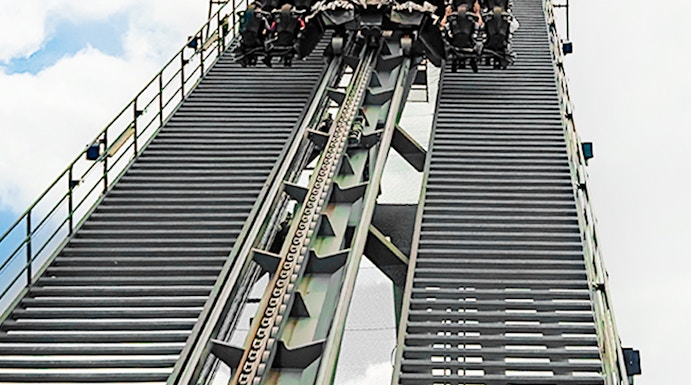 Roller coaster ascent at Thorpe Park Resort, London.