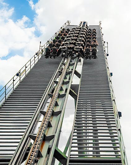 Thorpe Park Resort roller coasters and attractions, London, featuring thrilling rides and vibrant park scenery.