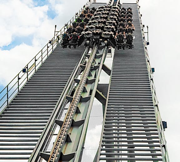Roller coaster ascent at Thorpe Park Resort, London.