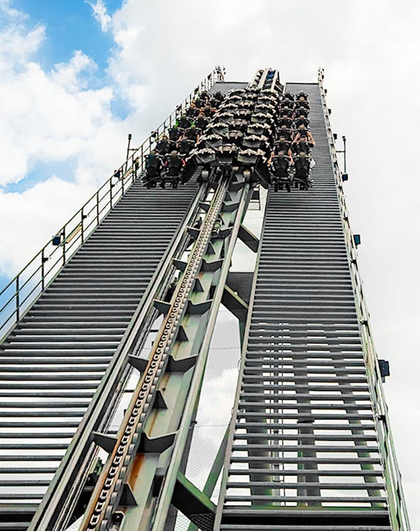 Roller coaster ascent at Thorpe Park Resort, London.