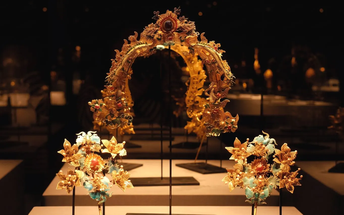 Qing dynasty gold headdress on display at Shanghai Guanfu Museum.