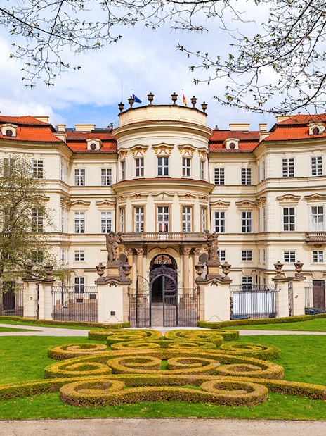 Lobkowicz Palace exterior with ornate garden, Prague, venue for midday concert tickets.
